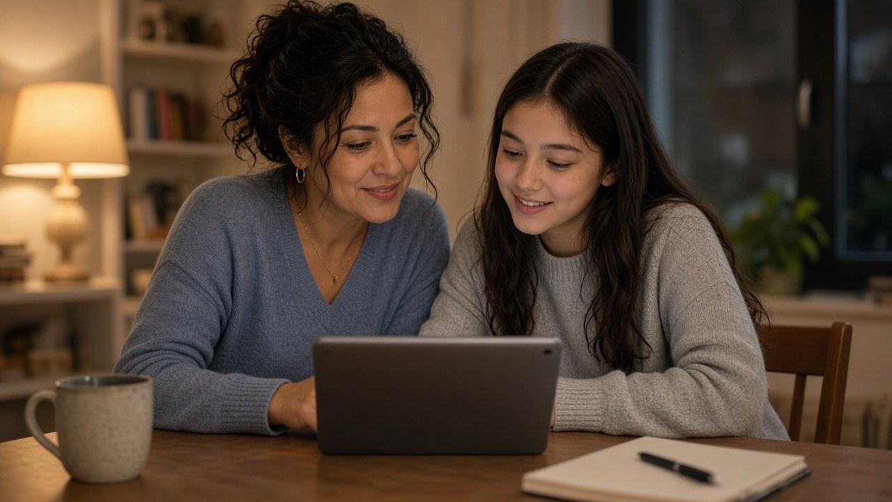 Parent and teen discussing a credit card credit limit increase on a tablet