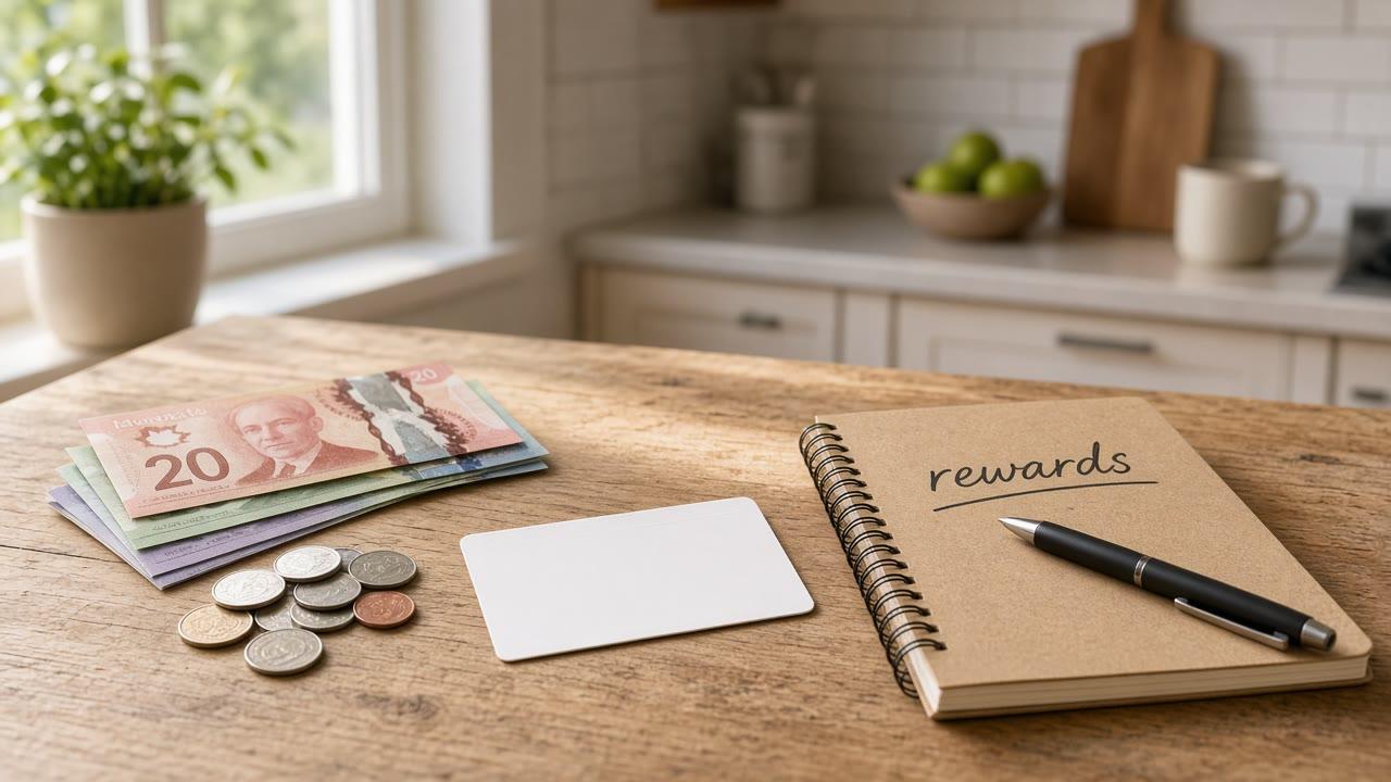 Cash and a blank card beside a notebook for comparing cash back vs points credit cards