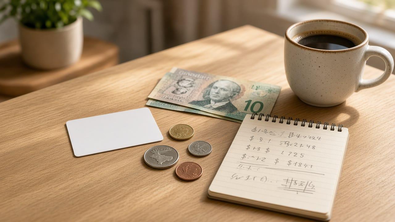 Canadian cash and blank card with credit card annual fee notes on a kitchen table