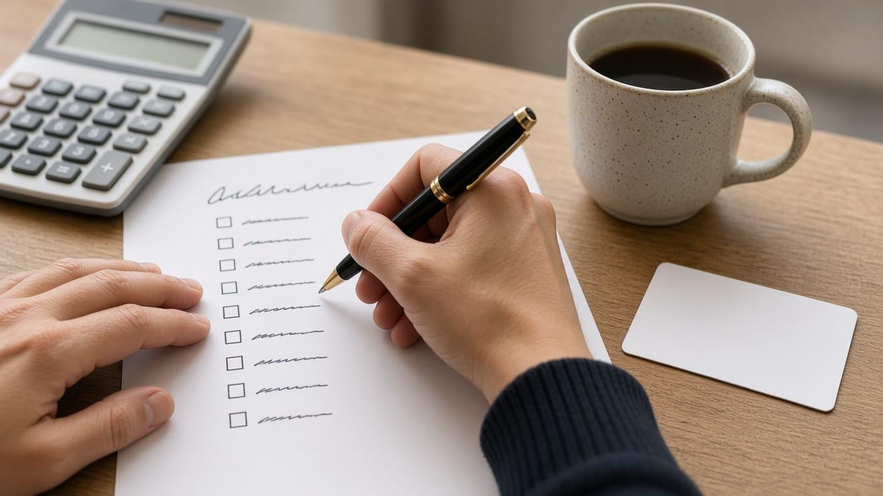 Checklist for choosing a first credit card in Canada beside a blank card and calculator