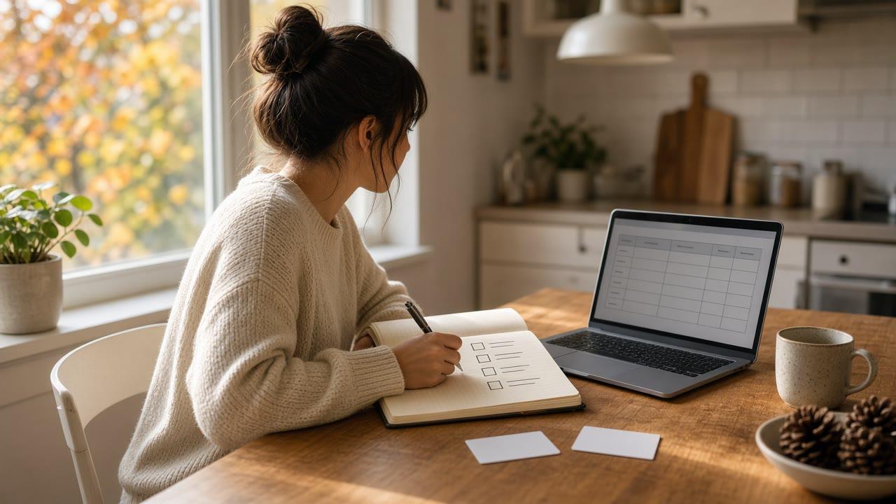 Canadian reviewing options for a first credit card in Canada at a kitchen table