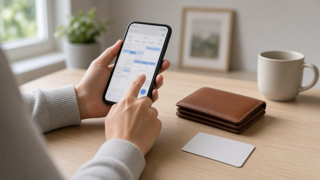 Setting payment reminders for a first credit card in Canada with wallet and blank card nearby