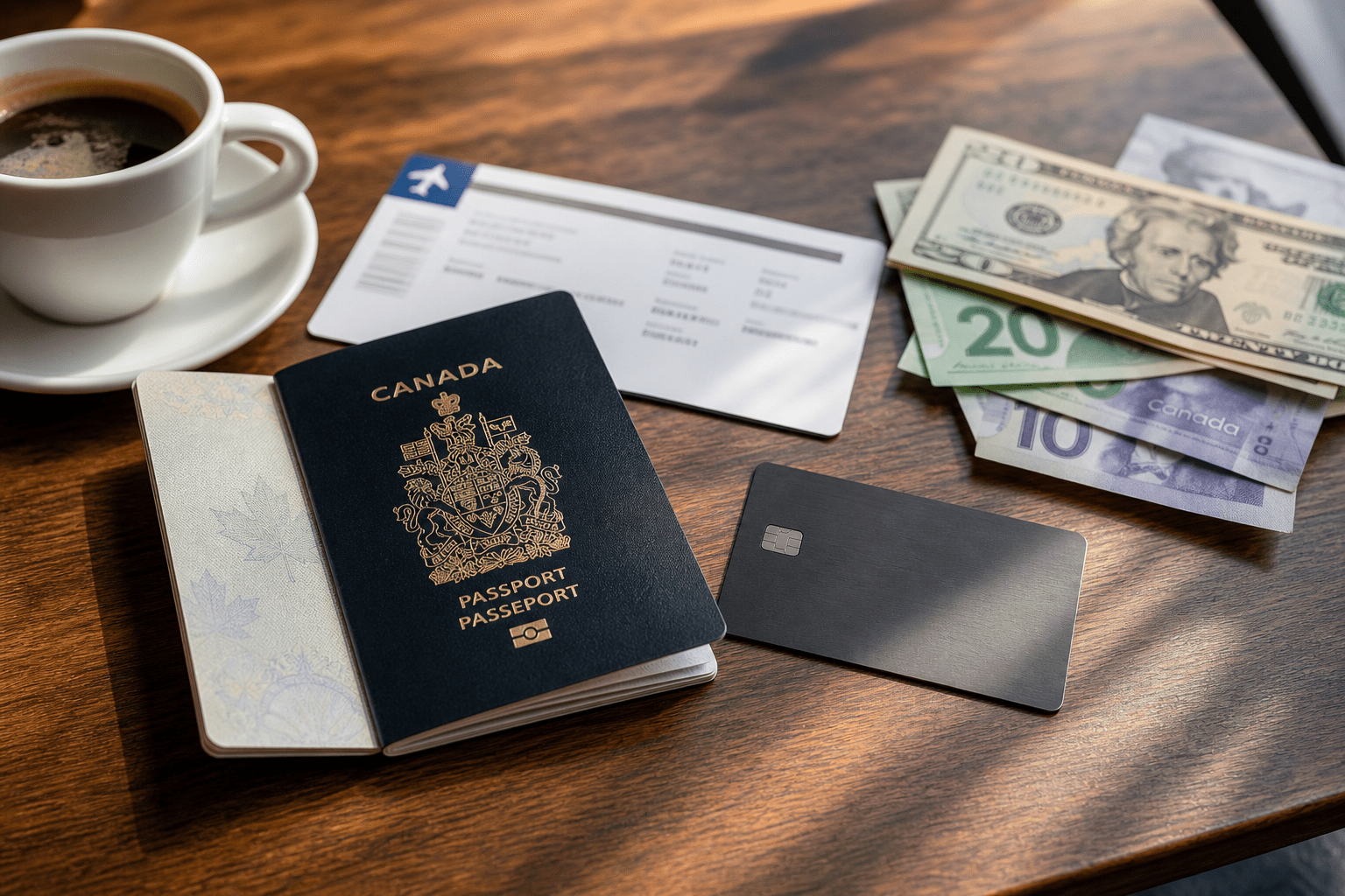 Canadian passport, unbranded credit card, and mixed CAD and USD cash on a table for avoiding foreign transaction fees
