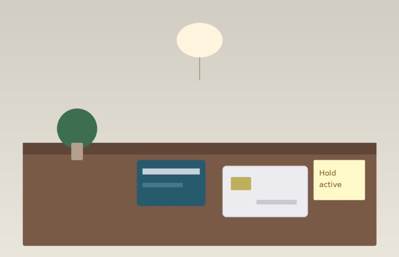 Hotel desk scene showing a travel credit card authorization hold pending in Canada