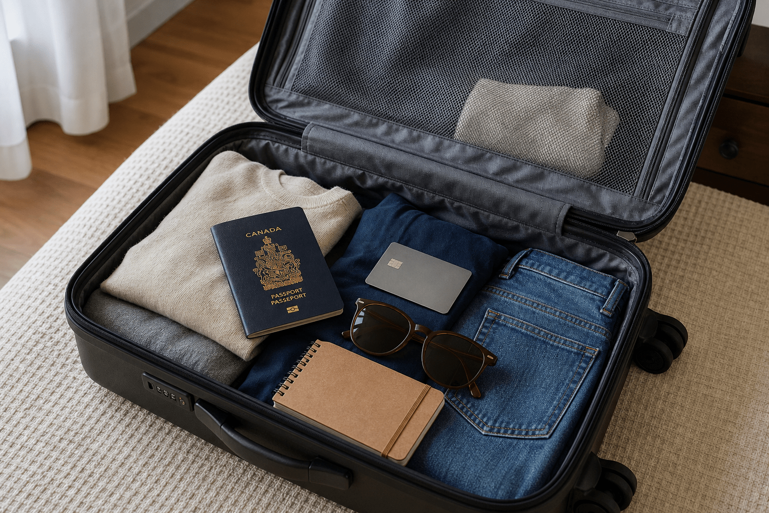 Packed suitcase with a Canadian passport and credit card