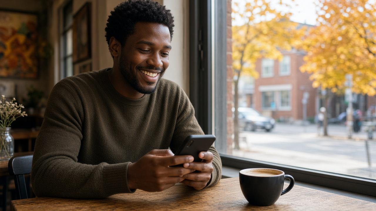 Young man in a cafe smiling at his phone after getting a credit card approval decision