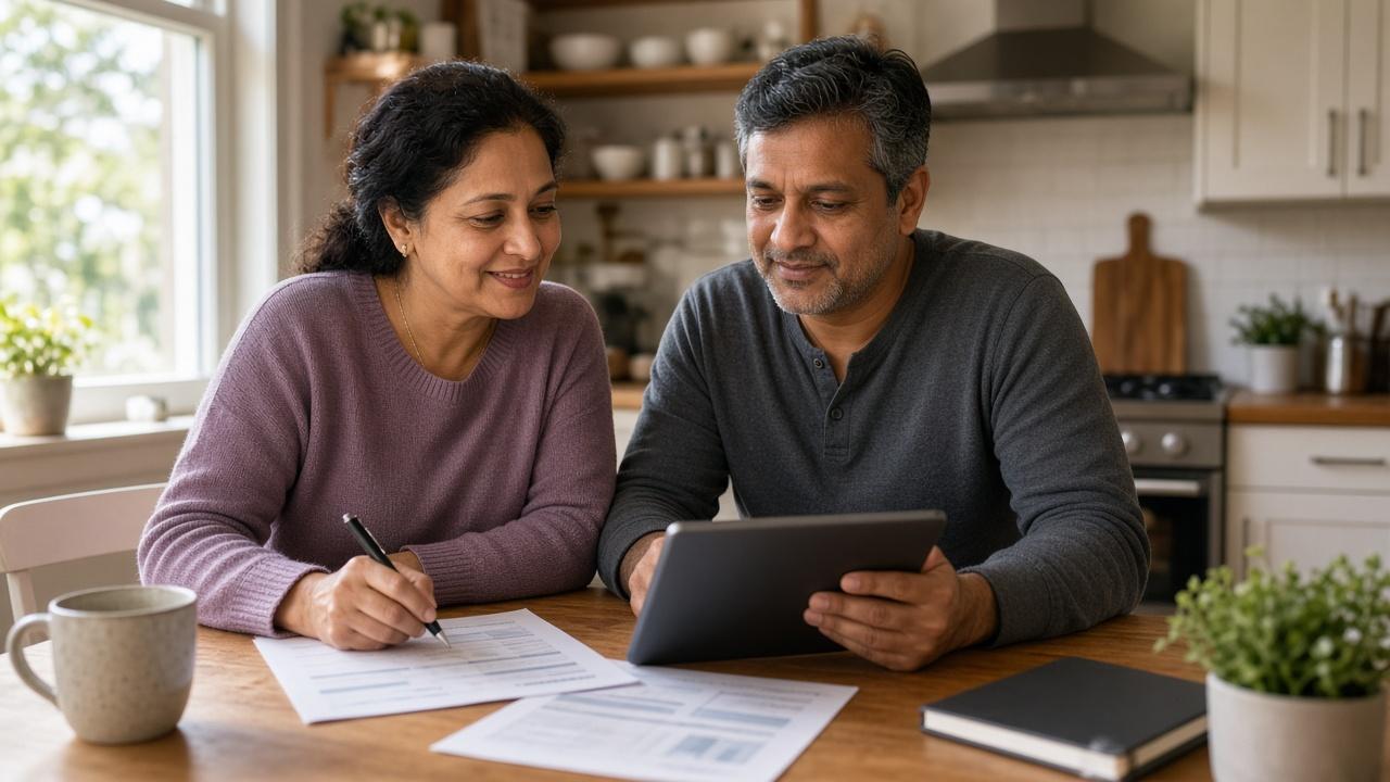 Couple at a kitchen table reviewing their income and budget before a credit card approval application