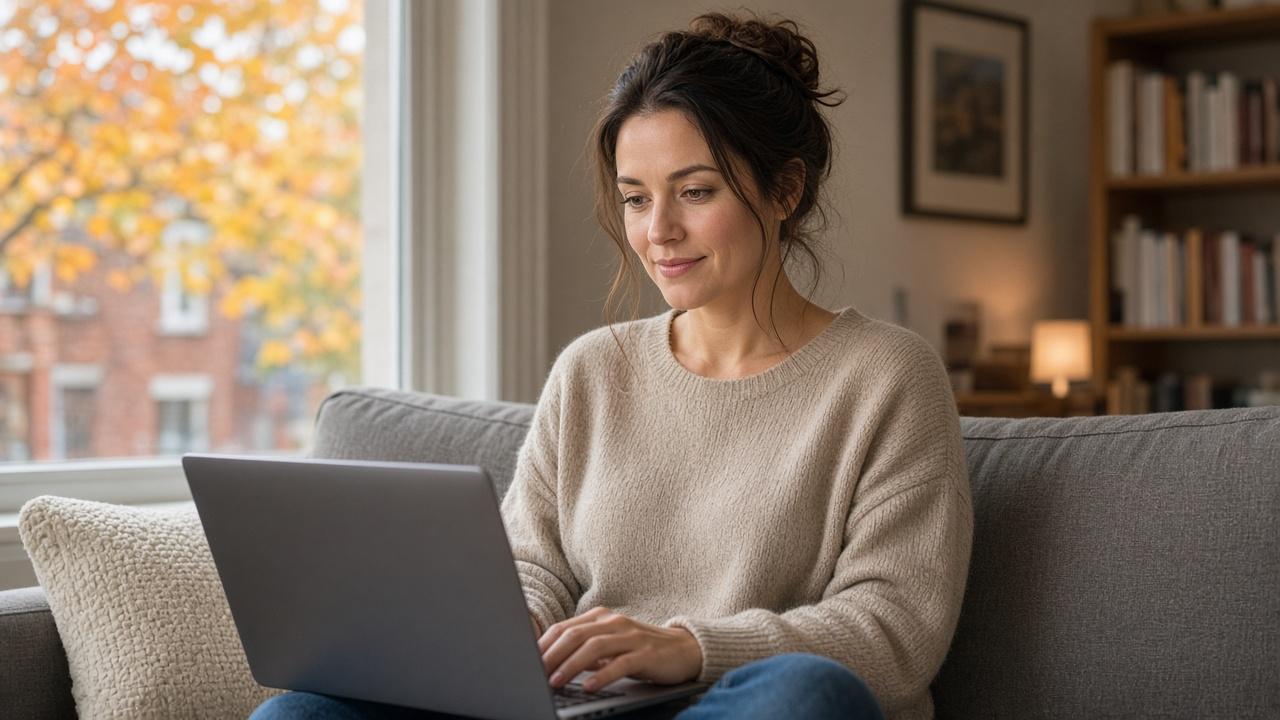 Woman on her sofa filling out an online form on her laptop, waiting on a credit card approval decision