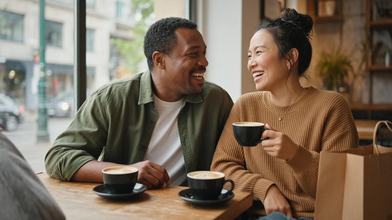 Friends relaxing at a Canadian café after shopping, credit cards tucked away