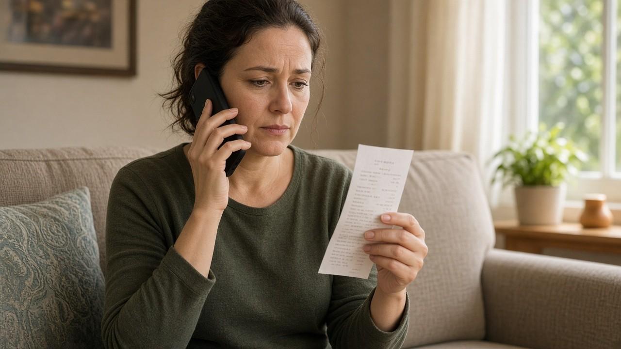 Person on a phone call with a merchant receipt nearby after spotting a disputed charge