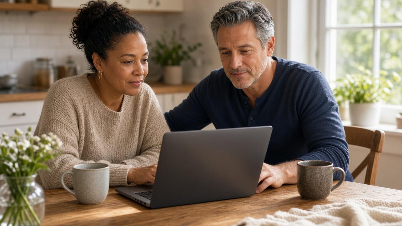 Couple at their kitchen table reviewing a month of spending on a laptop to choose their card categories