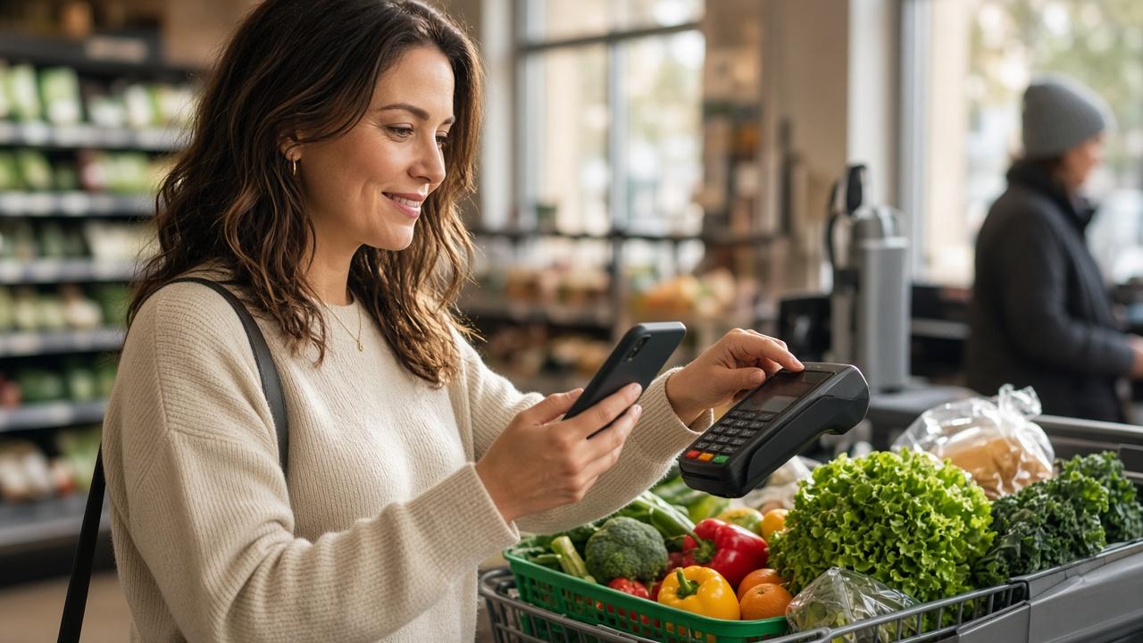 Woman in her 30s at a grocery checkout tapping her phone to pay, earning credit card bonus categories rewards