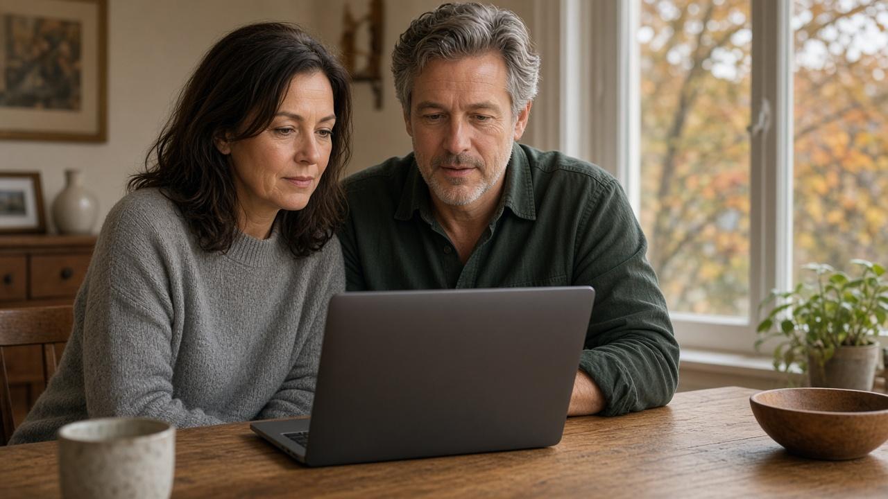 Couple at a dining table reading the conditions for bank account bonuses on a laptop