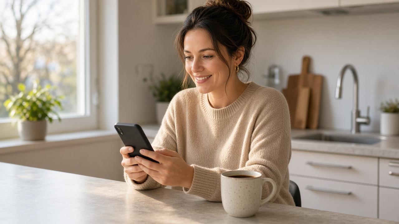 Woman at her kitchen counter opening a new chequing account on her phone to earn bank account bonuses