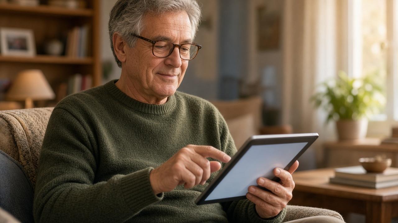 Older man at home setting up bill payments on a tablet to qualify for a new account bonus