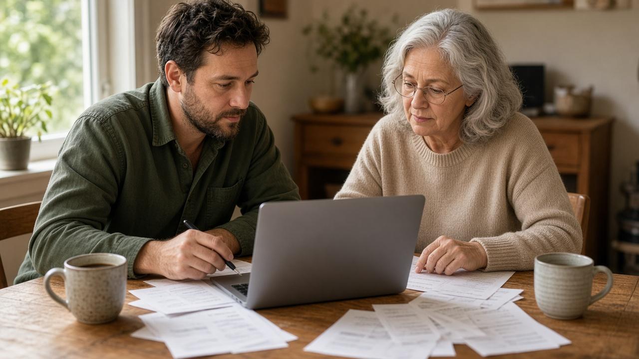 Two small business owners at a kitchen table reviewing receipts and business credit cards spending on a laptop