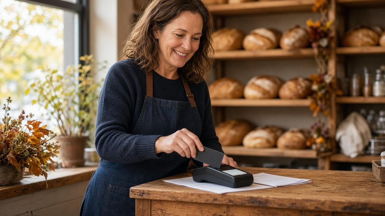 Bakery owner tapping a card to pay a supplier, one of the everyday uses of business credit cards in Canada
