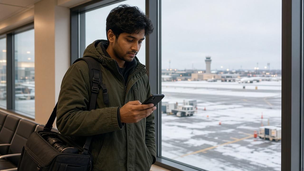 Freelance photographer at a snowy Canadian airport gate checking a client trip booked with business credit cards