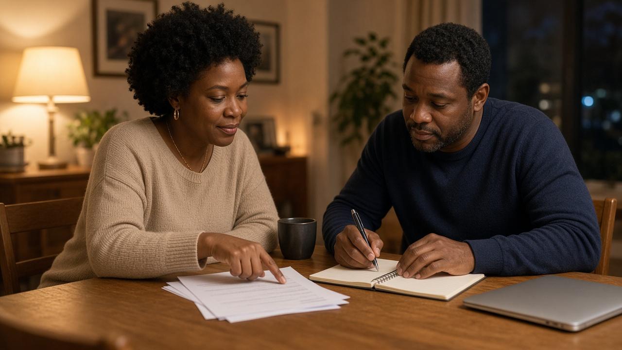 Couple at their dining table reviewing paper bills and moving recurring payments to another card