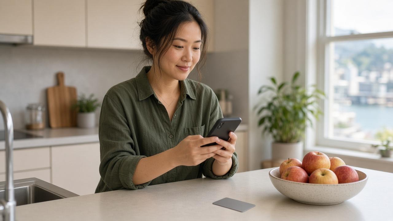 Young woman at her kitchen counter checking her rewards on her phone before she decides to cancel a credit card