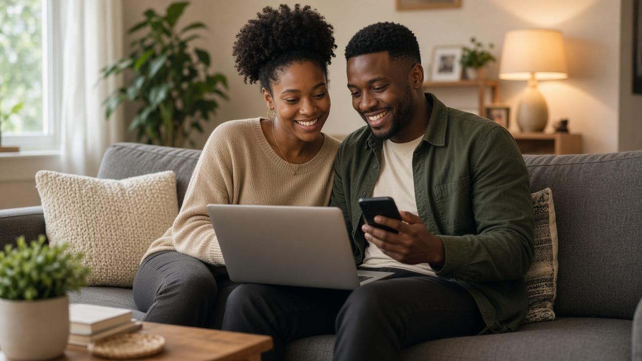 Couple on a sofa reviewing monthly spending to compare cash back credit cards