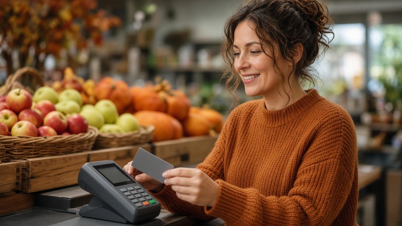 Woman tapping her card at a grocery checkout to earn rewards from cash back credit cards