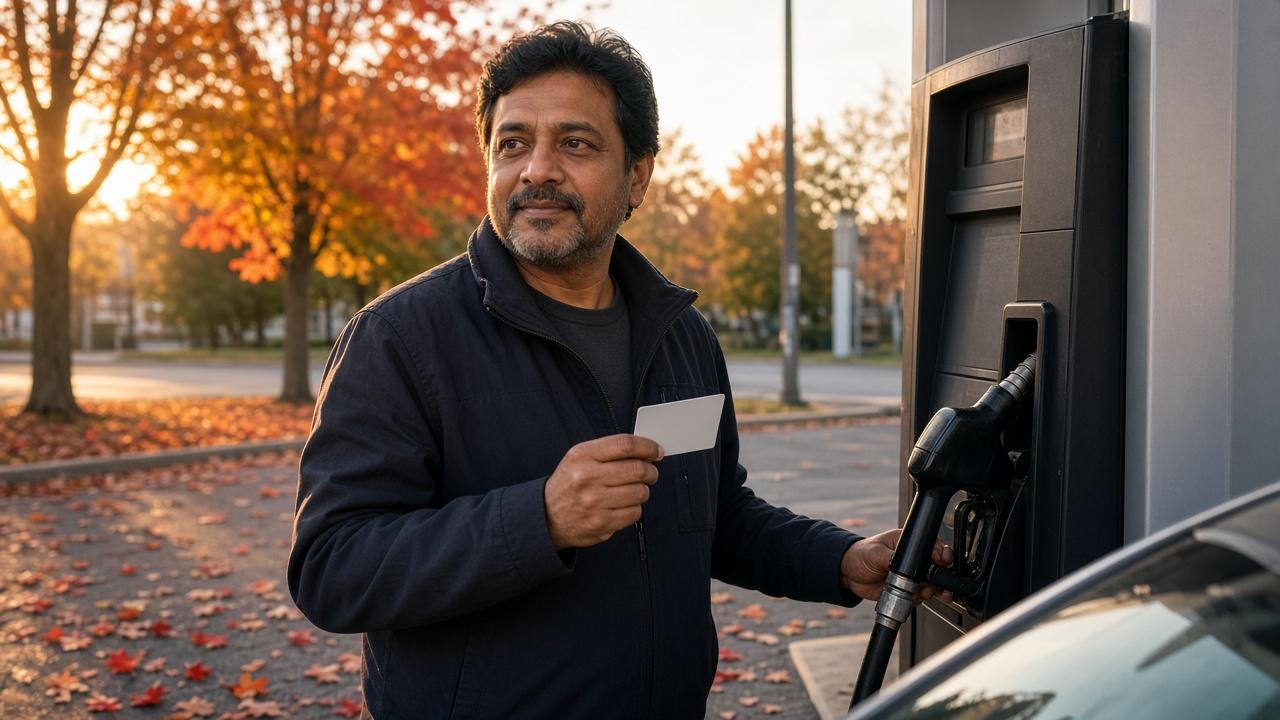 Man filling up at a gas station in fall, earning cash back credit cards rewards on fuel