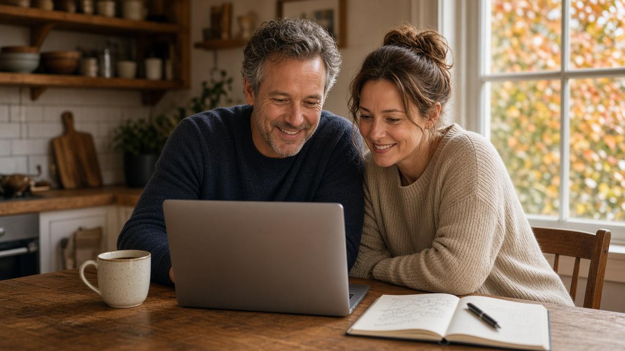 Couple at a kitchen table planning a trip with their credit card points