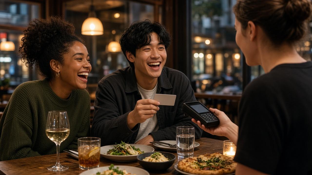 Friends paying for dinner at a restaurant with a rewards credit card