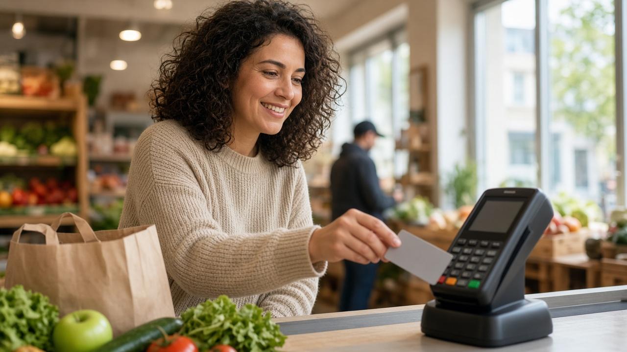 Woman tapping her card at a grocery checkout to earn credit card points