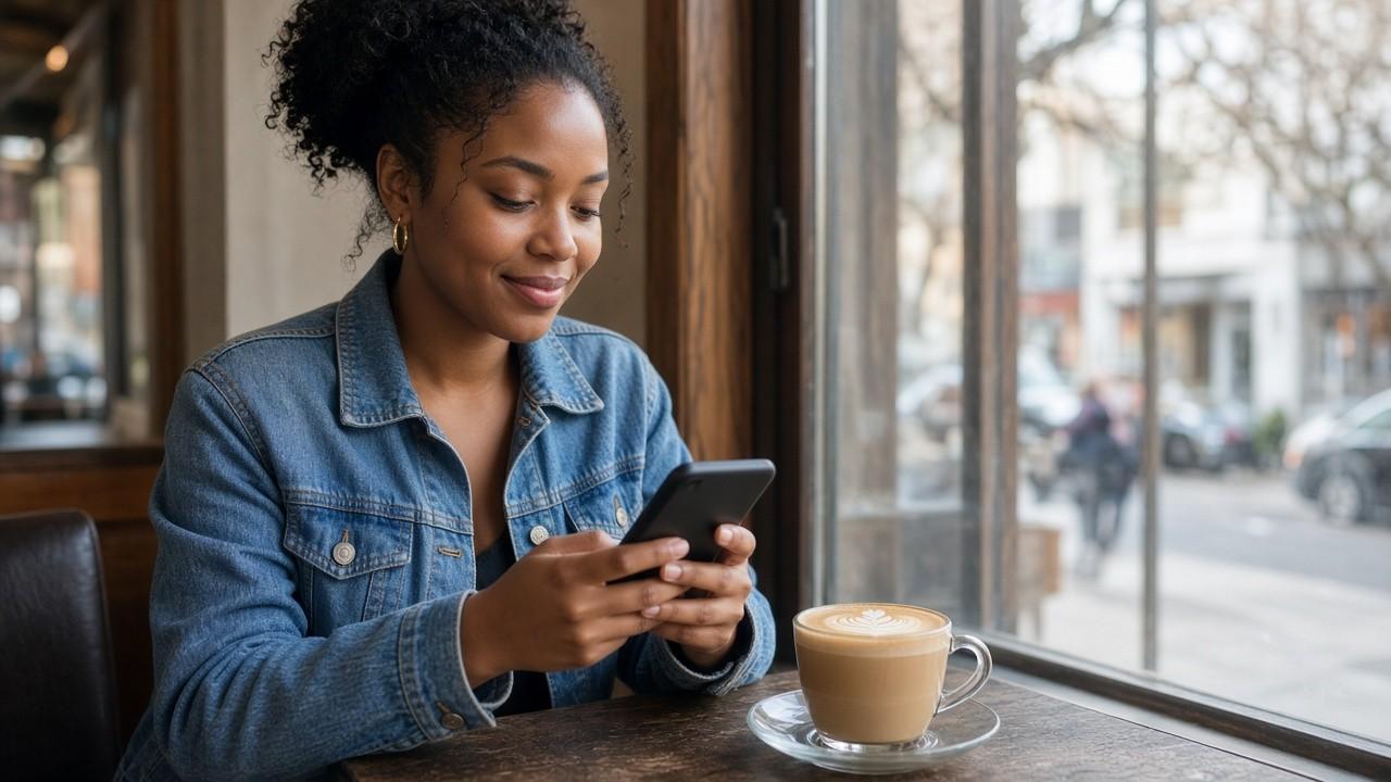 Young woman at a cafe checking her bank account on her phone