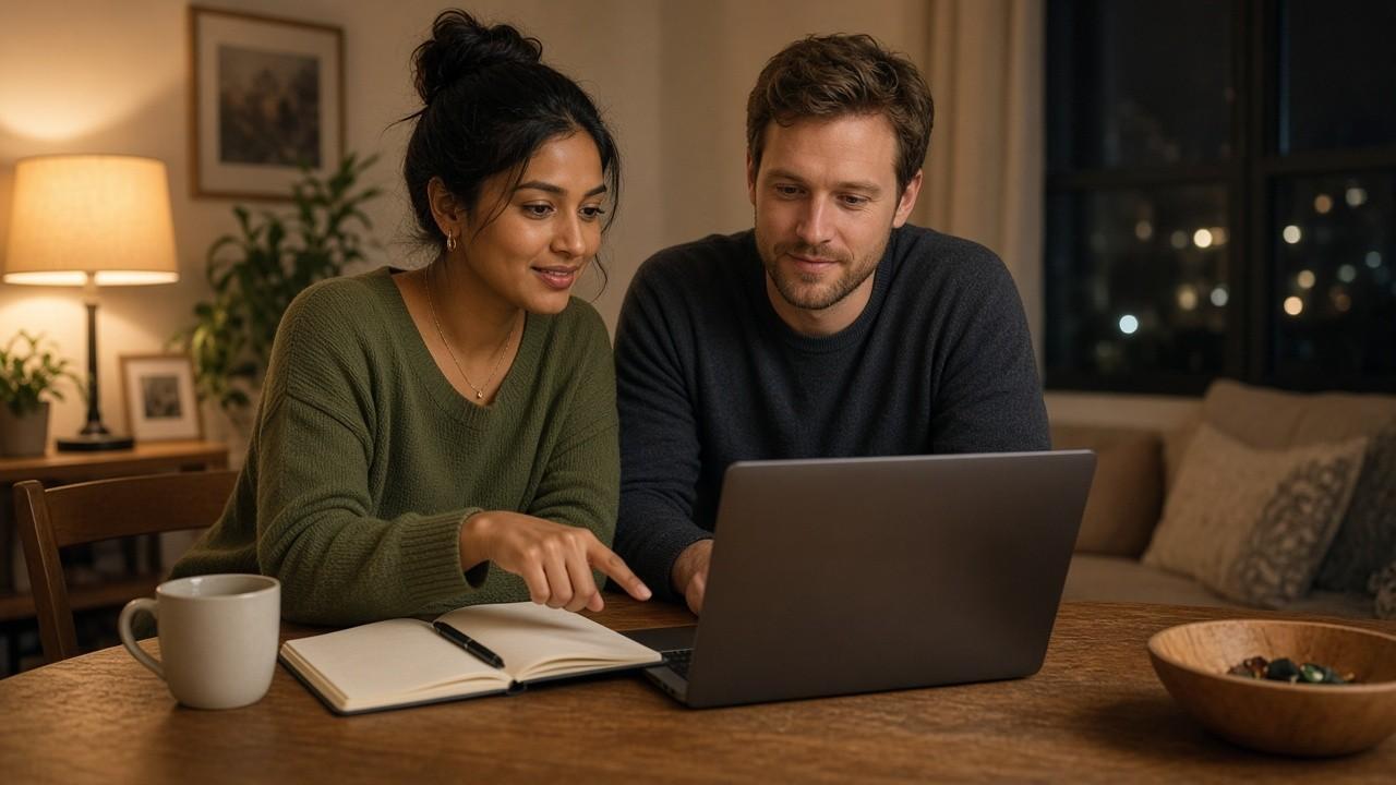 Couple at their dining table comparing chequing account fees on a laptop