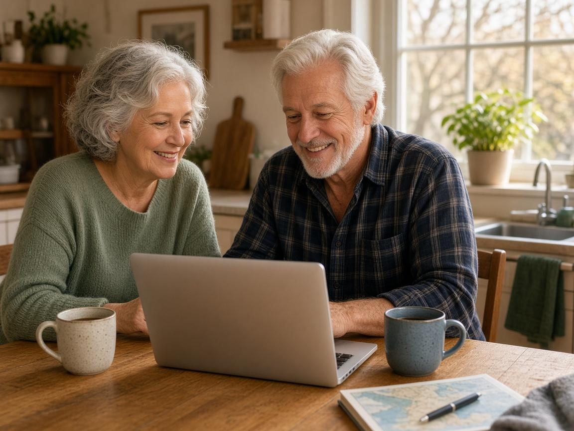 Older couple at their kitchen table planning a trip and comparing co-branded credit cards on a laptop