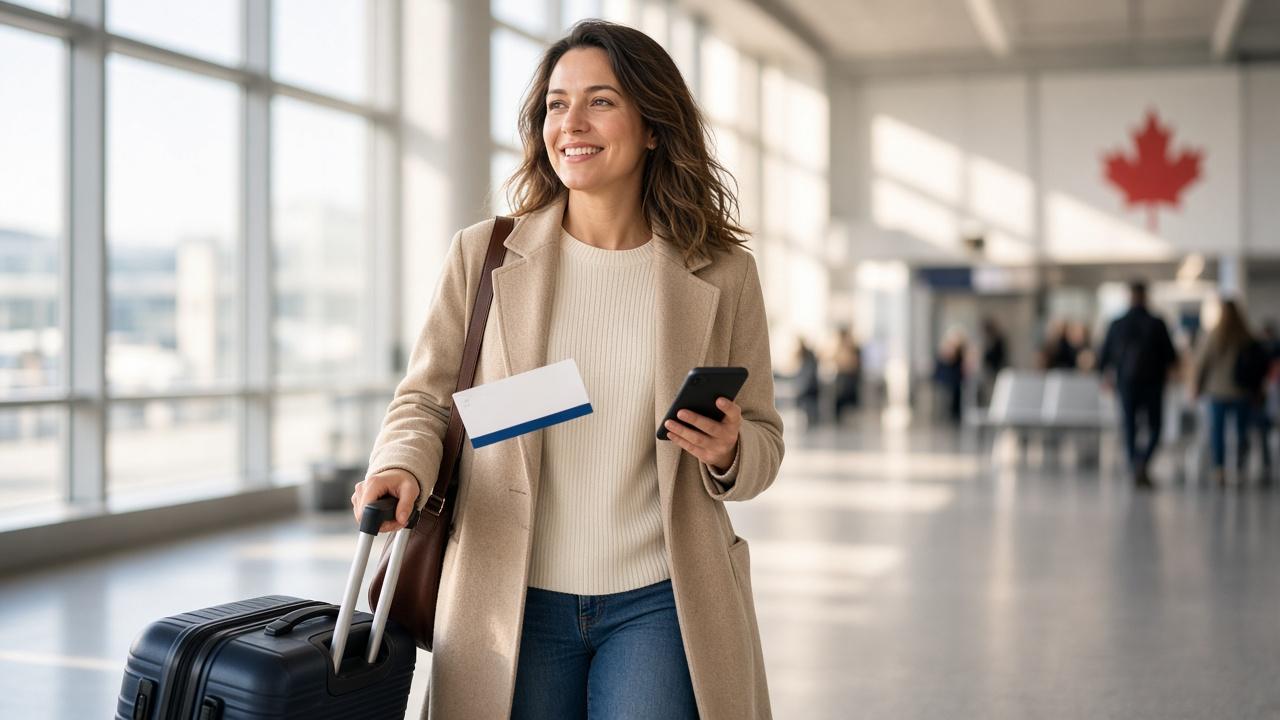 Woman with a carry-on walking through a Canadian airport after booking travel with co-branded credit cards