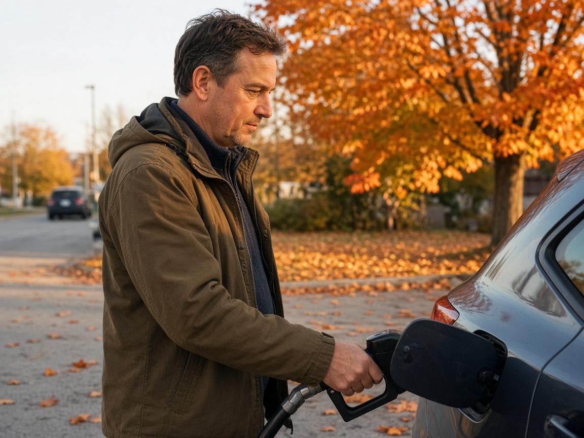 Man filling up his car on a fall morning, earning rewards with co-branded credit cards on gas