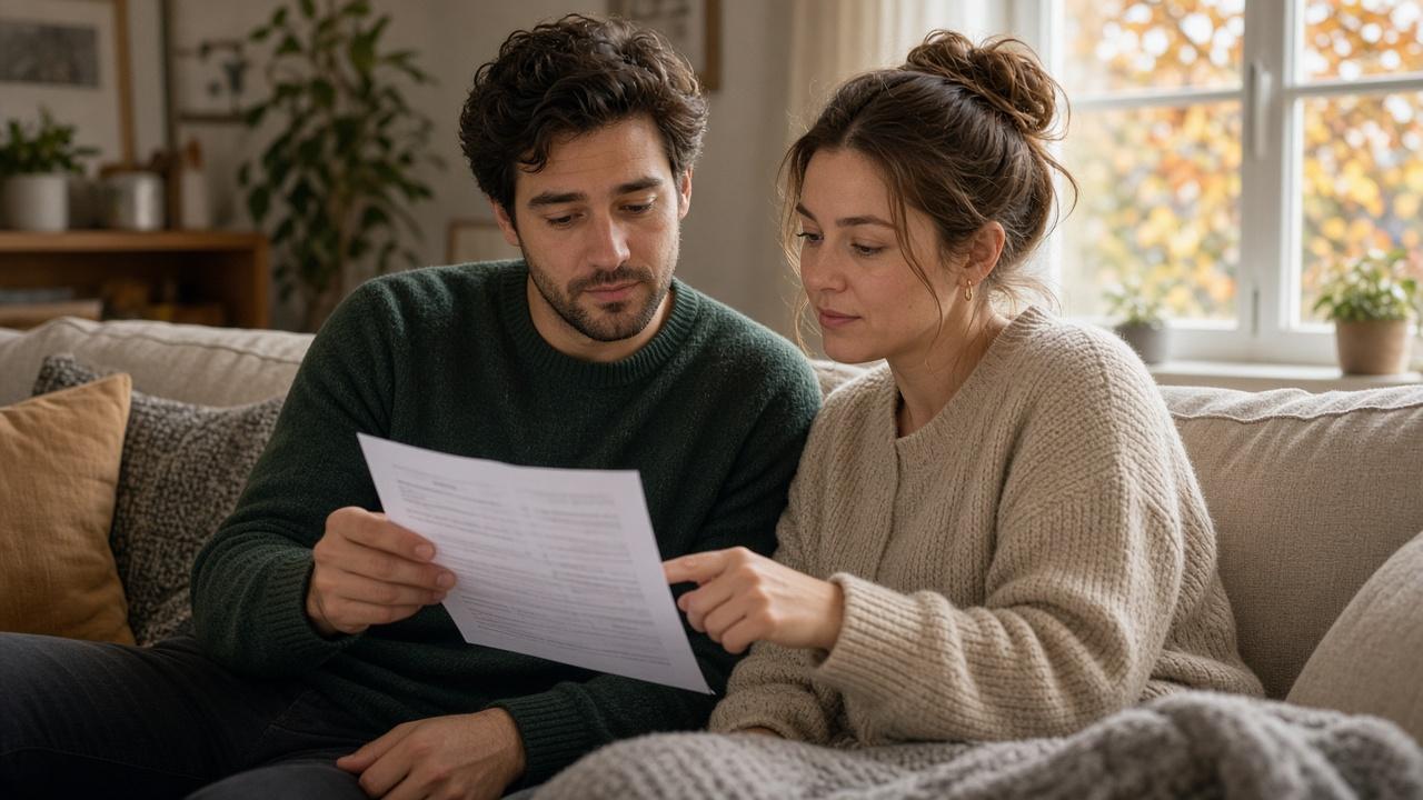 Couple on a sofa reviewing a statement to compare credit card annual fees