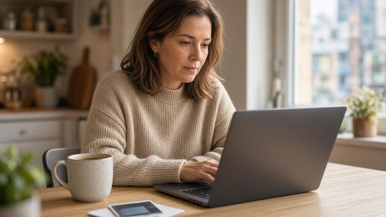 Woman at her kitchen table reviewing credit card annual fees on a laptop