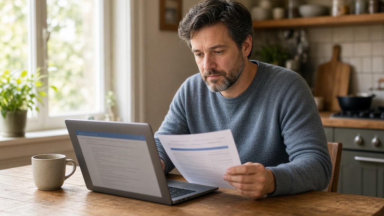 Canadian adult reviewing a statement on a laptop while researching credit card chargebacks