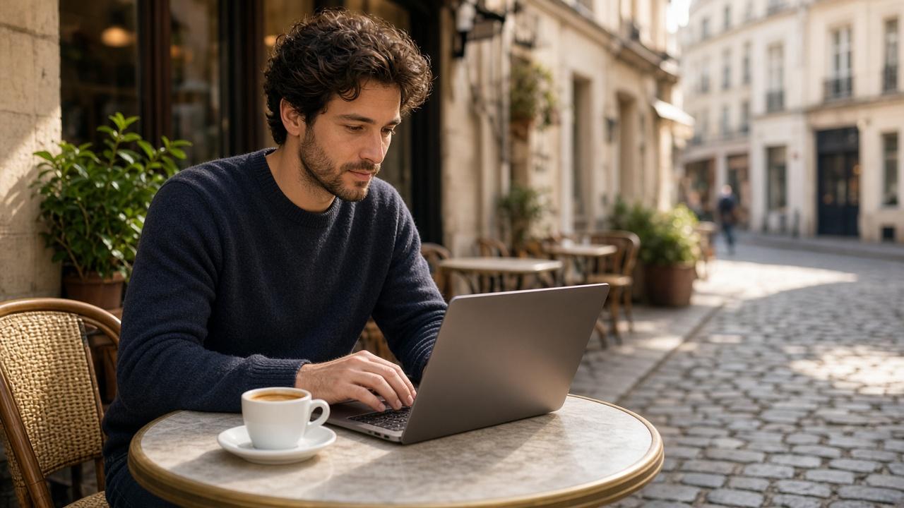 Young man at a sidewalk café abroad paying for a purchase in the local currency on his laptop