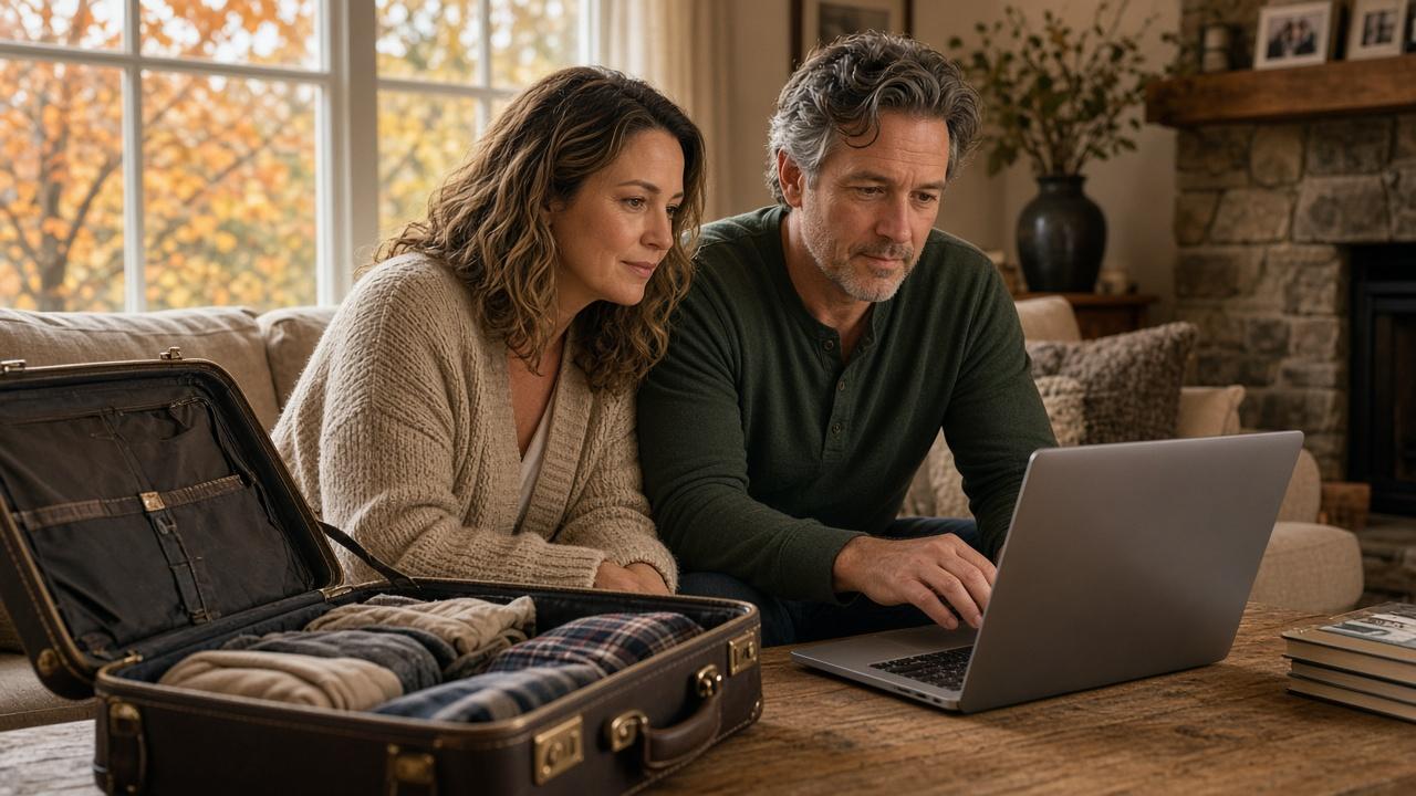 Couple at home reviewing their travel spending and credit card foreign transaction fees on a laptop