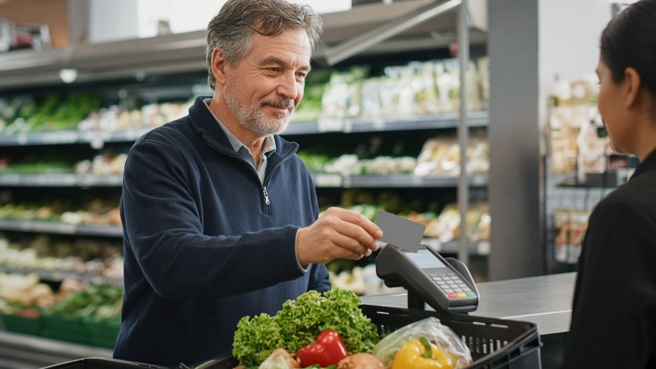 Man tapping a card at a grocery checkout to pay for everyday purchases