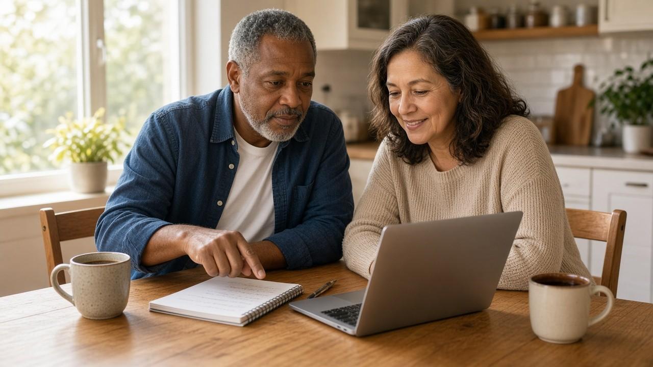 Couple at their kitchen table comparing high-interest savings accounts on a laptop