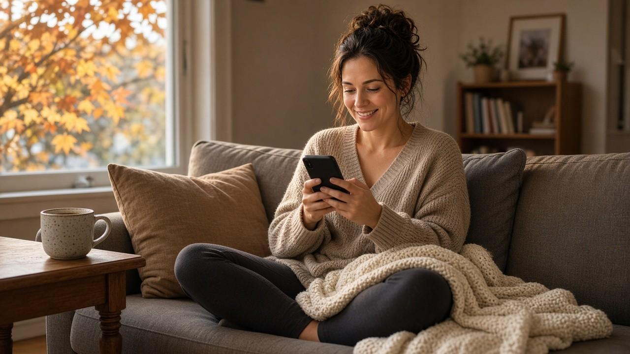 Woman on her sofa checking her high-interest savings accounts on her phone on an autumn afternoon