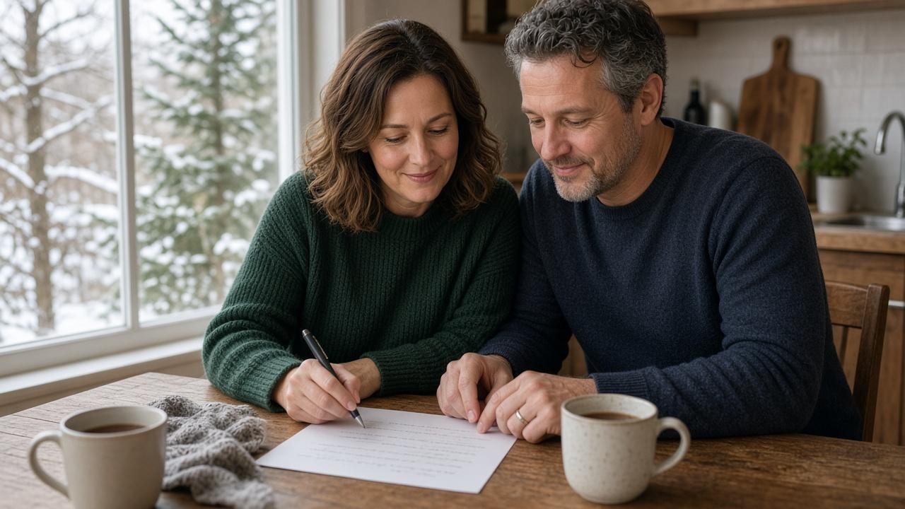Couple at a kitchen table writing a holiday shopping budget before using a credit card