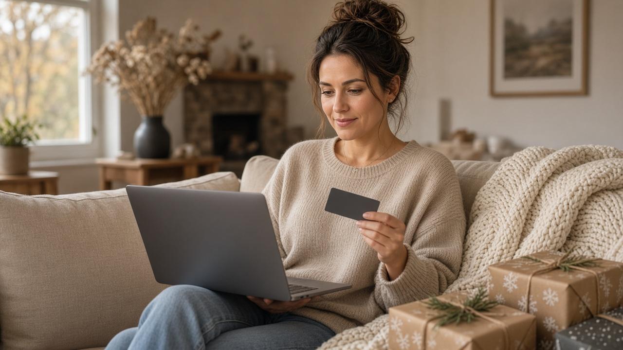 Woman on her sofa with a laptop and card doing holiday shopping online in Canada