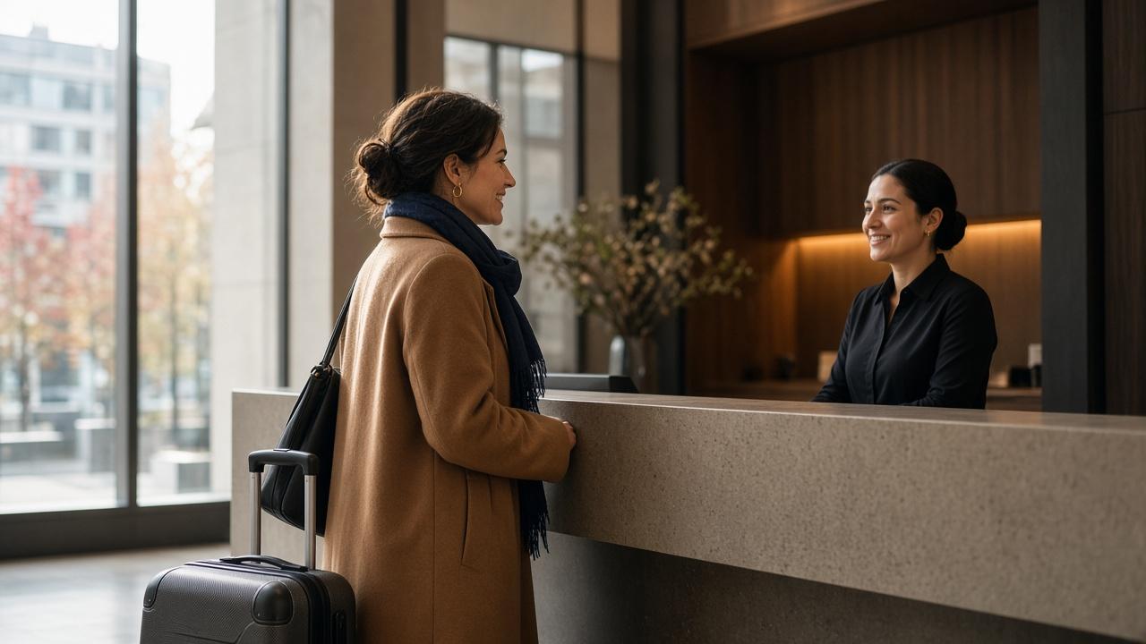 Woman with a suitcase checking in at a hotel front desk in a Canadian city, using hotel credit cards perks