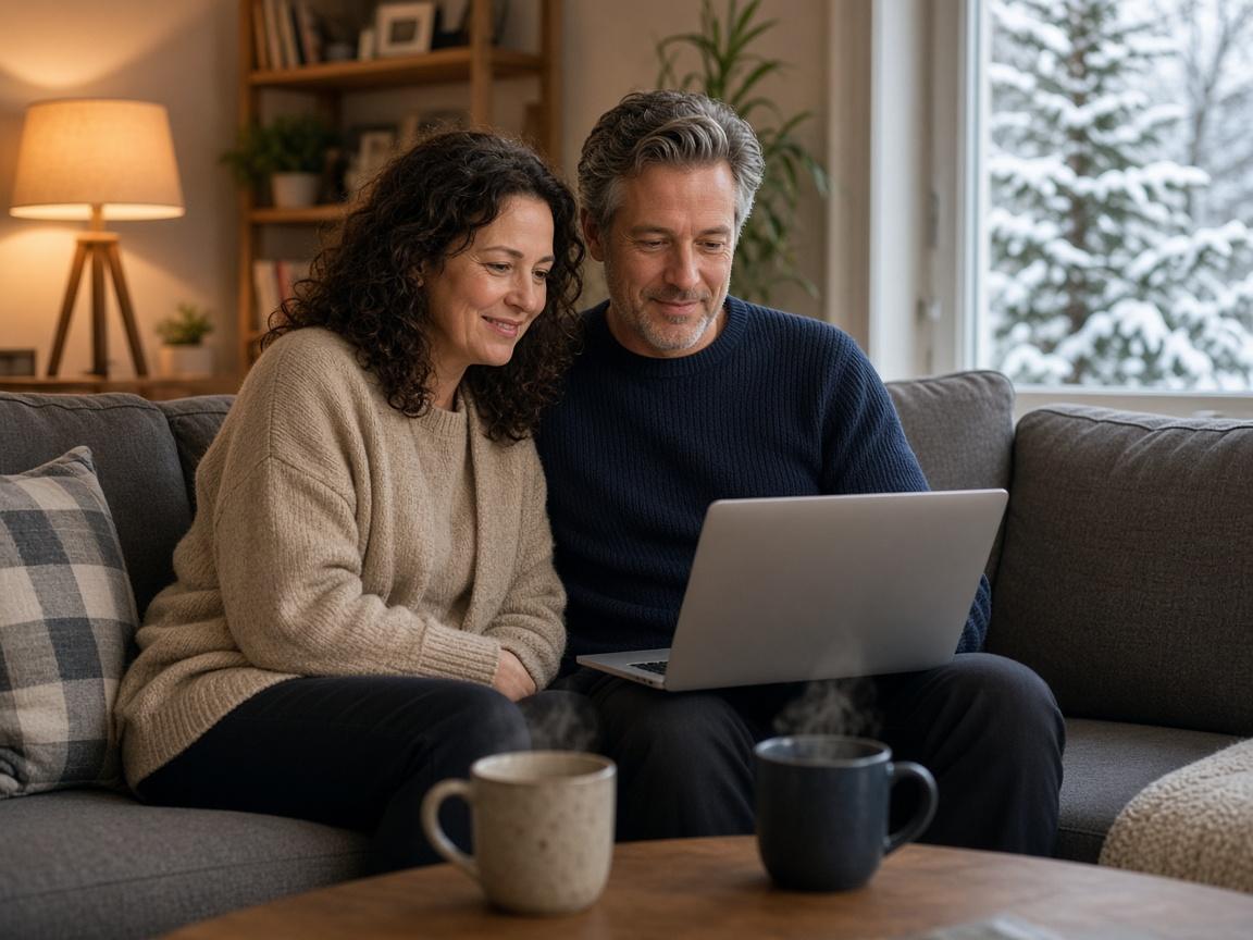 Couple on a sofa with a laptop comparing hotel credit cards before planning a winter trip