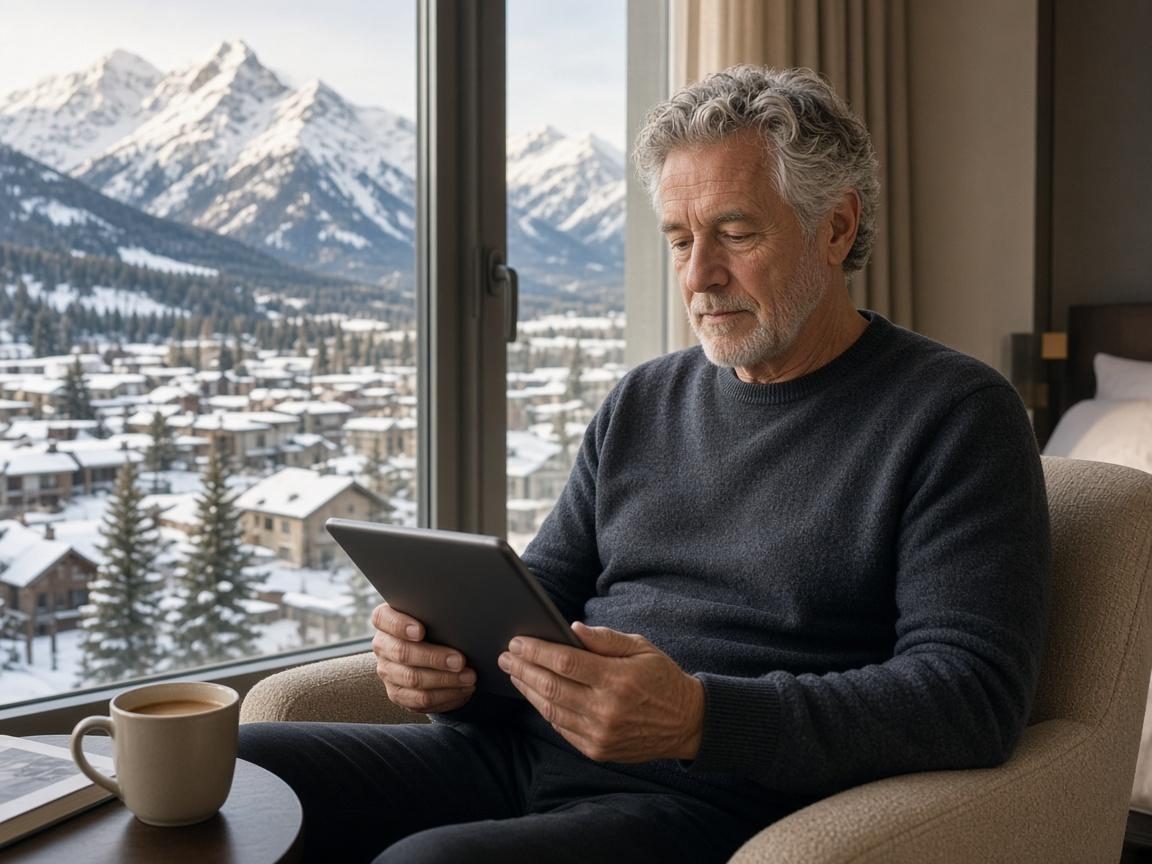 Older man relaxing in a hotel room by a window in a snowy Canadian mountain town, earned with hotel credit cards points