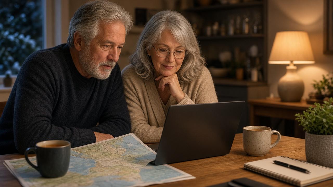 Older couple planning a winter trip at their kitchen table and checking which airports offer airport lounge access