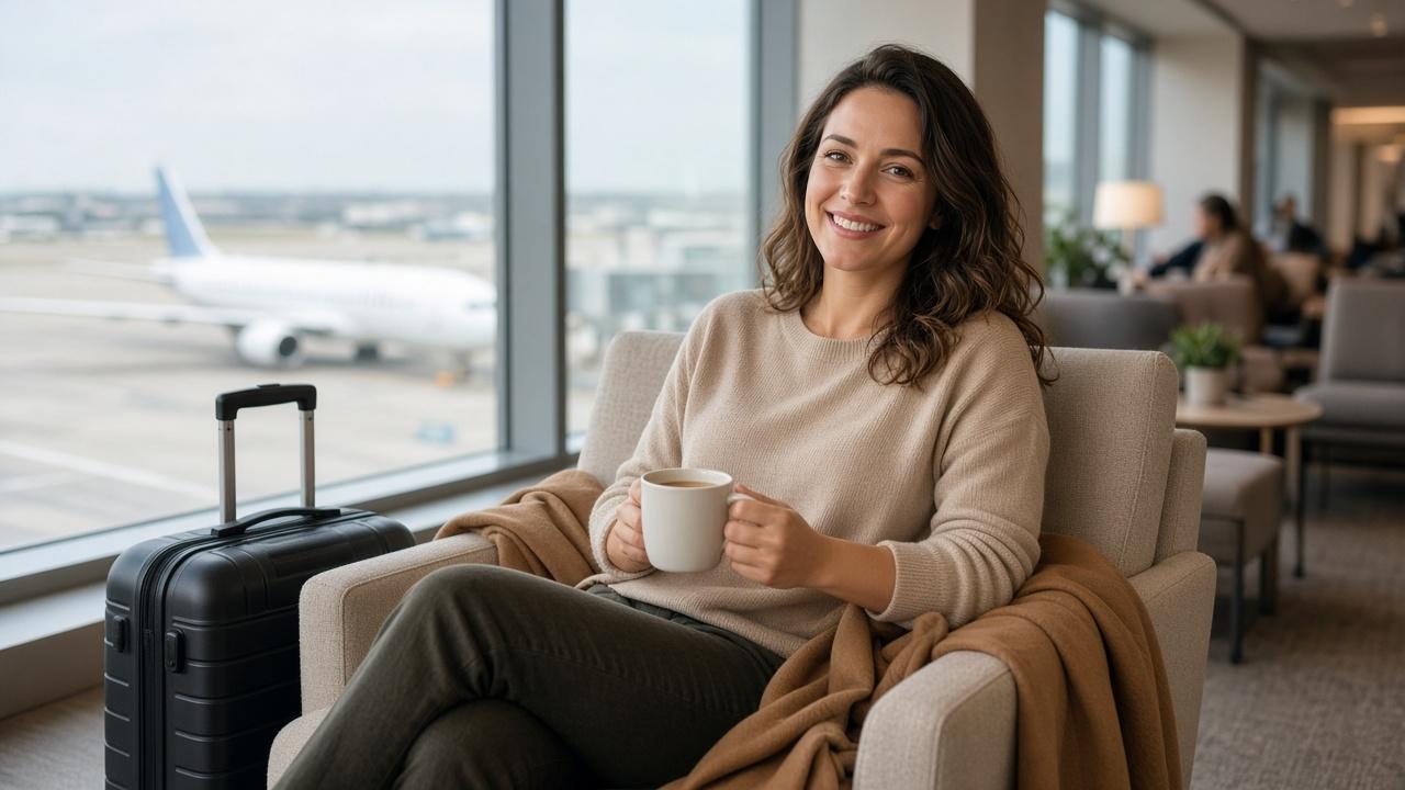 Smiling woman with coffee in a bright airport lounge, enjoying airport lounge access before her flight